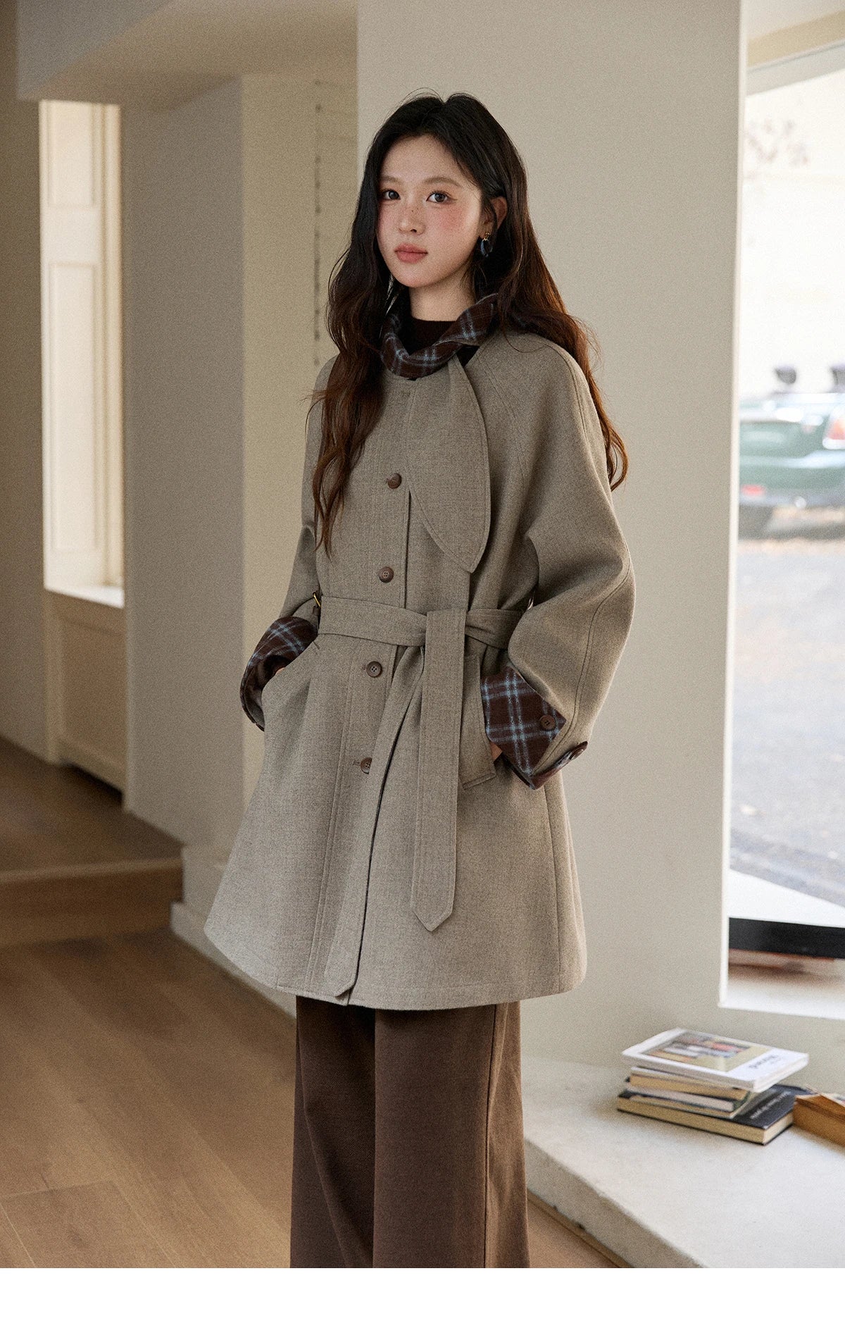 MISHOW Retro British Plaid Patchwork Woolen Coat Winter 2025 Rabbit Ear Tie Collar Waist Cinching Belt Woolen Coats MXE90W0924