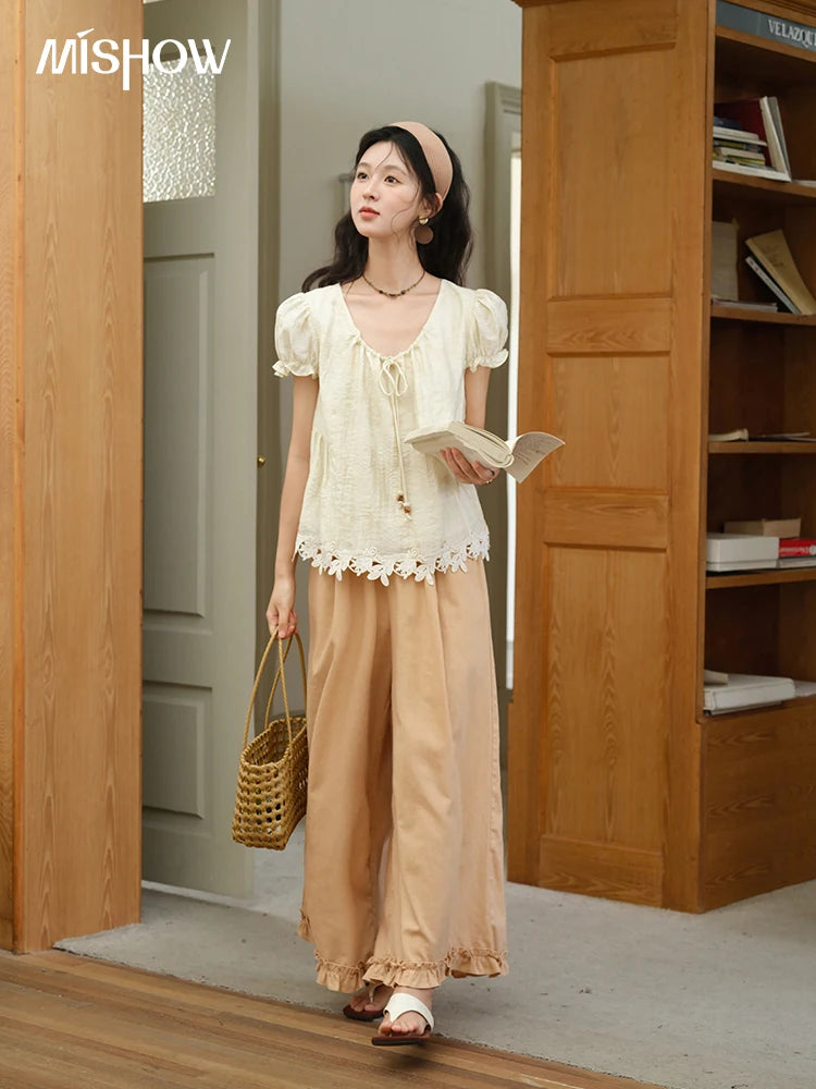 MISHOW Women's French Round Neck Lace Up Blouse 2025 Summer Embroidery Puff Sleeve Flower Spliced Commut Short Top MXE39X1956