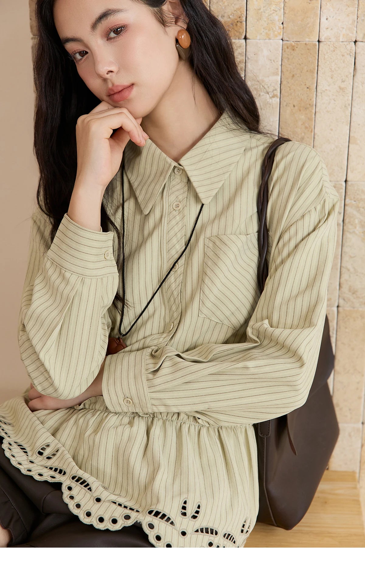 MISHOW Green Striped Shirt for Women 2025 Autumn New Fashion Design Embroidery Loose Casual Tops Commuting Shirt  MXE49C2414