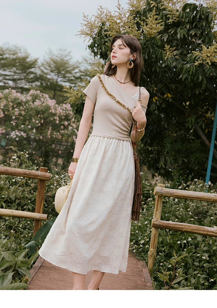 MISHOW Holiday Summer Dresses Women New 2025 Short Sleeve Off-shoulder Knitted Patchwork Midi Dress Female Slimming MXE33L2207