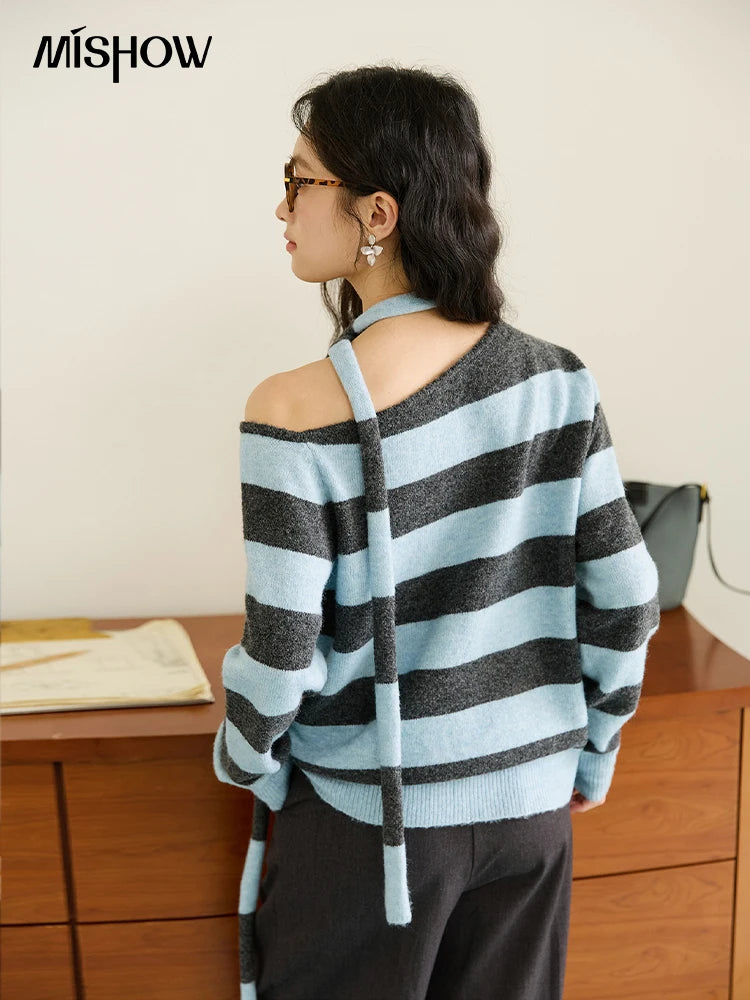 MISHOW Blue Gray Stripe Knitted Top 2025 Autumn Slanted Shoulder Collar Sweaters with Ribbon Loose Wool Blend Sweater MXE46Z2540
