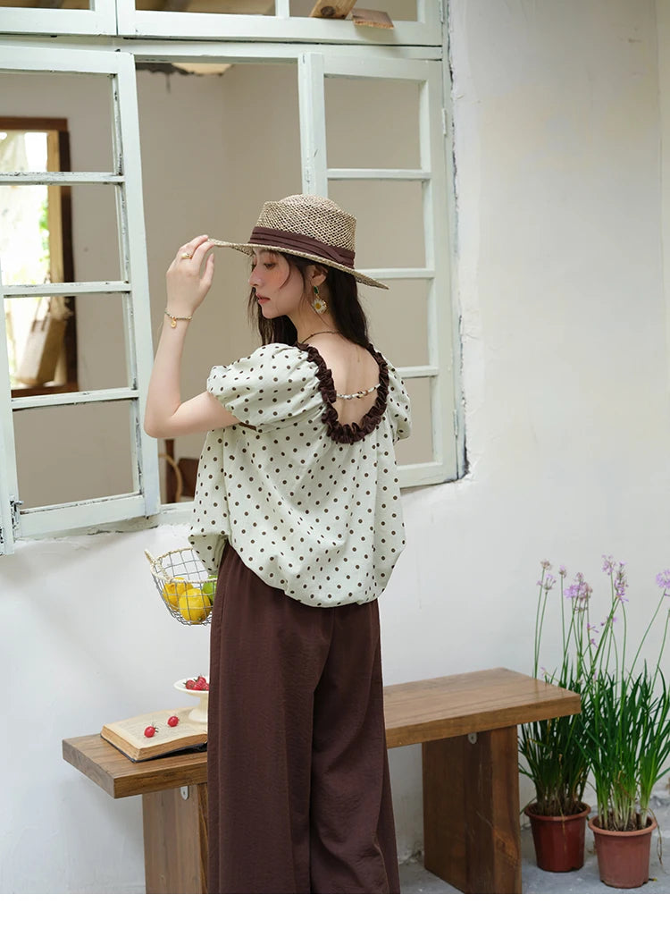 MISHOW 2025 Summer Women's Two Piece Set Polka Dot Puff Sleeve Top Casual Pocket Wide Leg Pants Set Female Clothing MXE39T0657