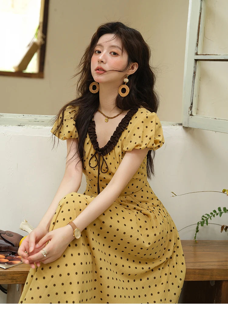 MISHOW Women's Casual Polka Dot Dress 2025 Summer New Ladies Puff Sleeve V-neck Lace Up Ruffle Edge Pocket Dresses MXE39L2326