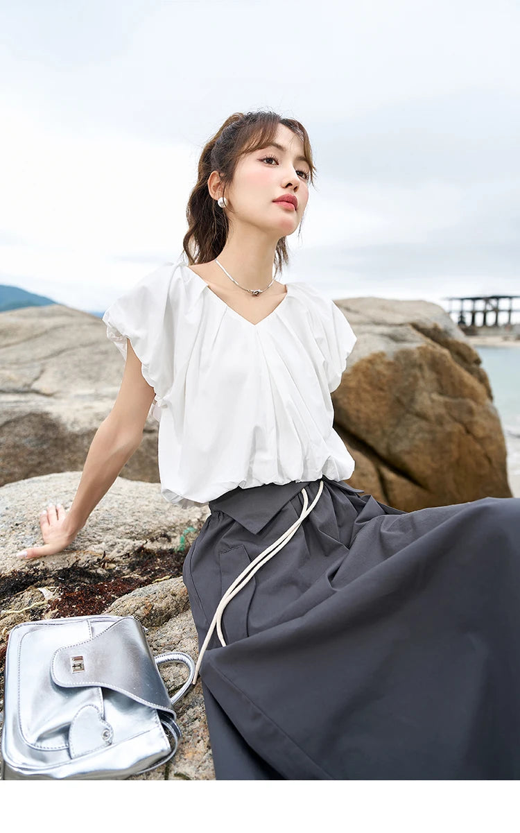 MISHOW Soft Blouses for Women 2025 Summer French Rear Collar Tie Up Solid Short Sleeve Solid V Neck Puff Sleeve Tops MXC38X1275