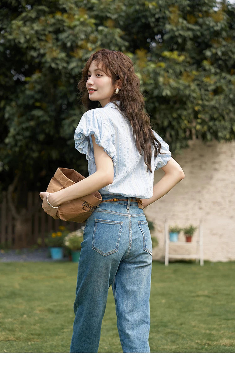 MISHOW Blue Striped Short Sleeve Shirt for Women Summer 2025 Bubble Flower Bud Sleeves Lapel Neck Shirt with Tube Top MXD24C0204