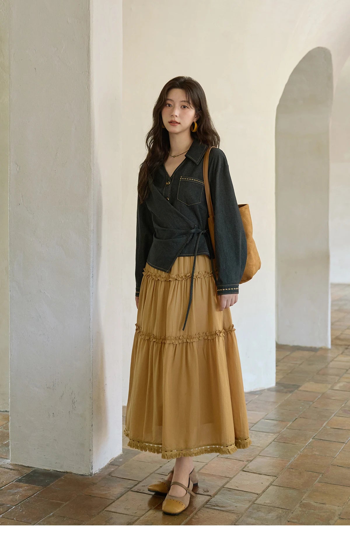 MISHOW Retro Orange 100 Lyocell Skirt 2025 Autumn Black Fungus Edge A-line Skirts Elastic High Waist Hem Tassel Skirt MXE42B2386