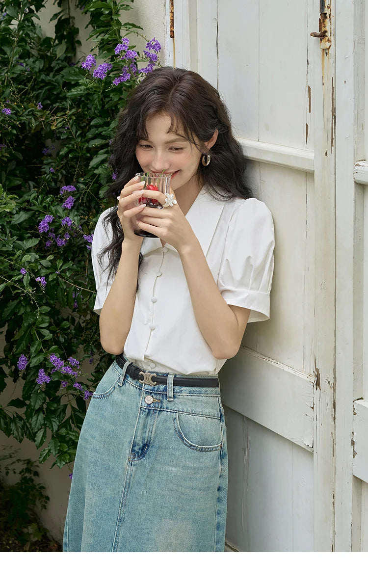 MISHOW Bubble Sleeve V-neck Commuting Shirts for Women 2025 Summer Retro Lapel Neck Short Sleeve Loose Solid Tops MXD28X1471