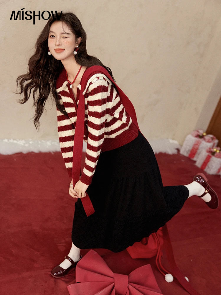 MISHOW Christmas Red Striped Turn Down Collar Cropped Cardigan Thickened Warm Wool Blend Sweater Soft Knitted Tops MXD58Z1038