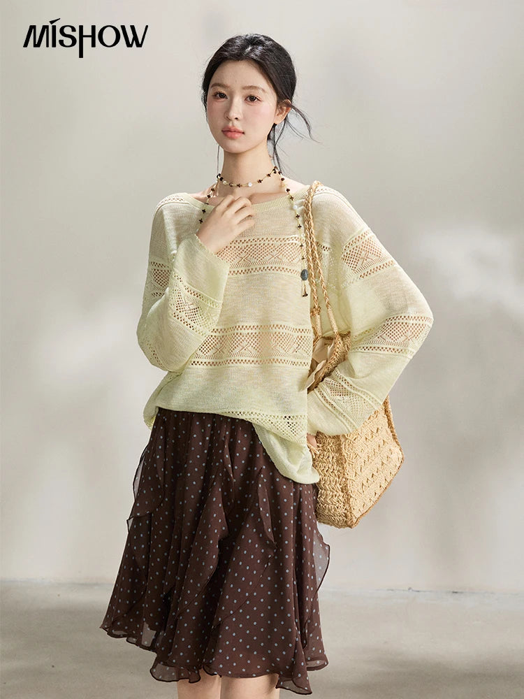 MISHOW Women's Pale Yellow Knit Top 2026 Spring Crew Neck Hollow Out Striped thin tops Casual Loose Sheer Sweater MXF13Z3020