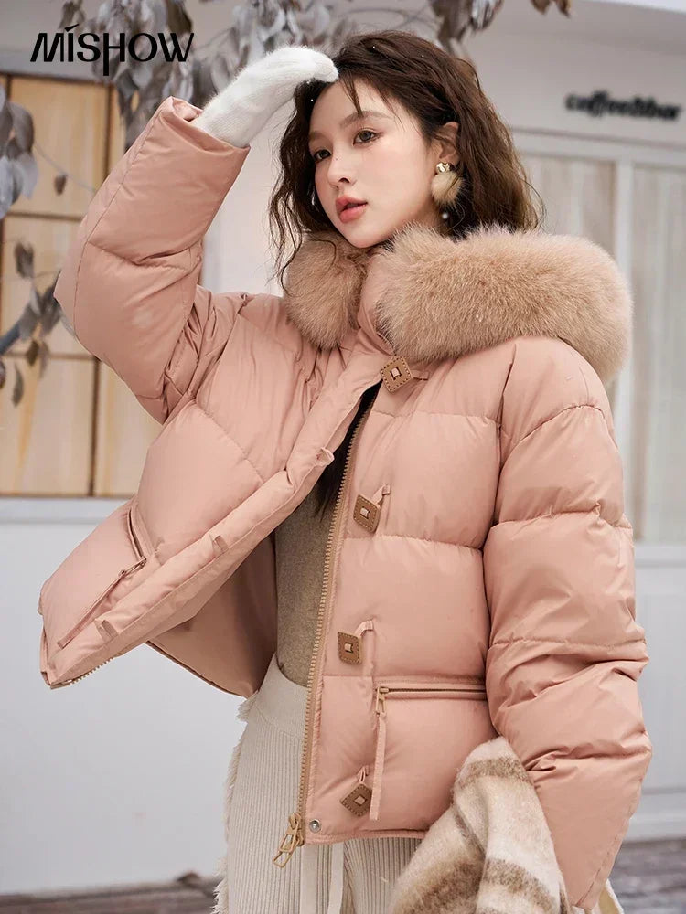 MISHOW Women's Winter Fur Collar Down Jacket 2024 Fashion Loose High Quality Hooded Short Down Coats Zipper Outwear MXC55Y0020