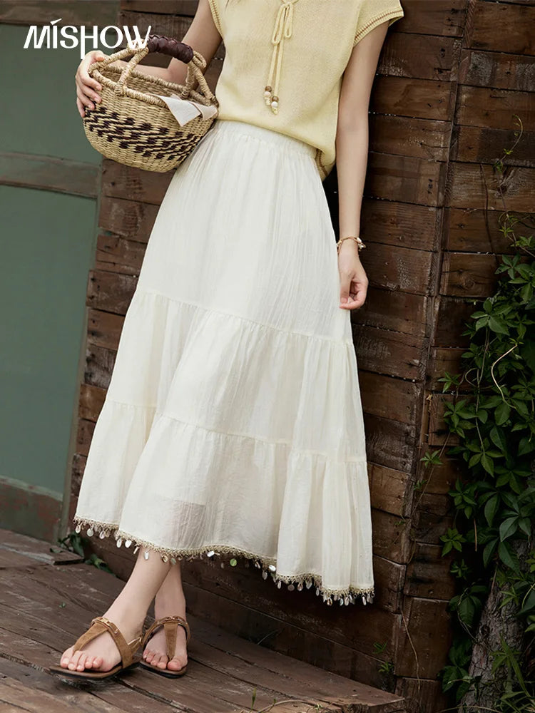 MISHOW Office Lady Summer Skirt Women New 2025 Solid Elastic Waist Shell Webbing A-line Skirts Woman Fashion Slimming MXE33B0708