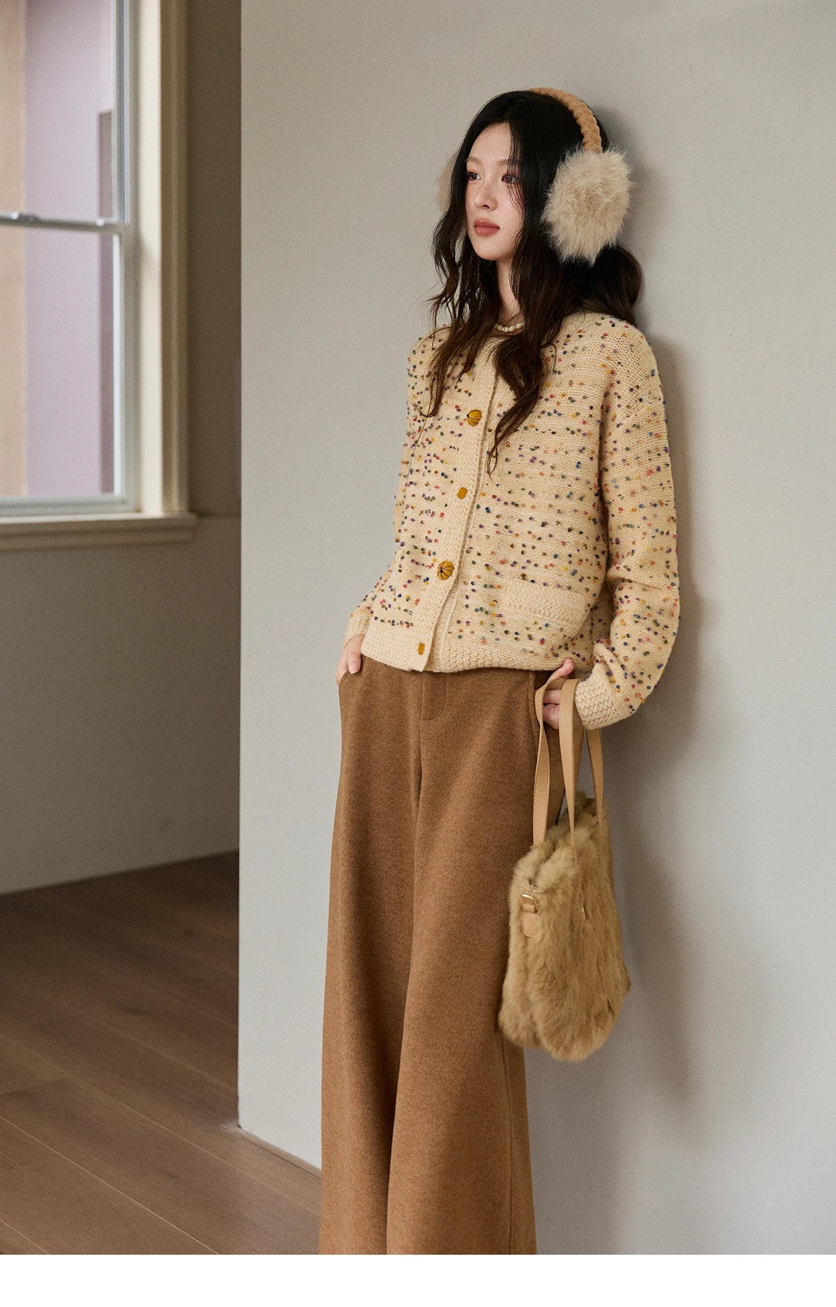 MISHOW Colorful Yellow Sweater Cardigan for Women Winter 2025 Arctic Fleece Retro Round Neck Warm Thick Knit Sweaters MXE91Z2778