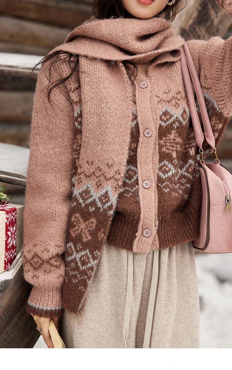 MISHOW Fair Isle Knitting Sweater Christmas Retro Cardigan Women Temperament Turn Down Collar Soft Warm Knitted Coat MXD58Z1036