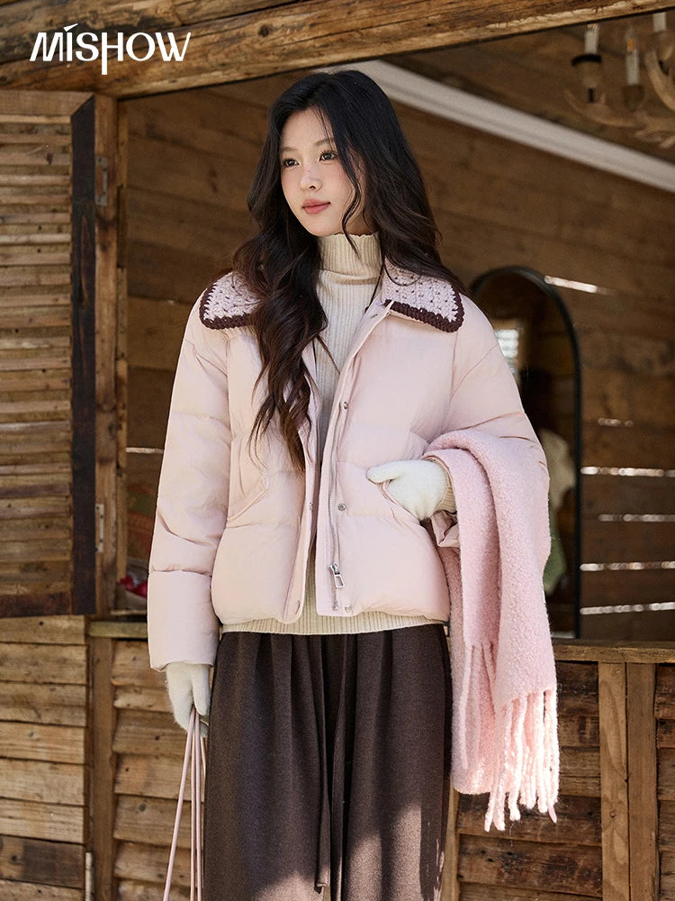 MISHOW Women's Sweet Knitted Lapel Collar Short Down Jacket 2025 Winter White Duck Down Single-Breasted Zipper Coat MXE94Y0094