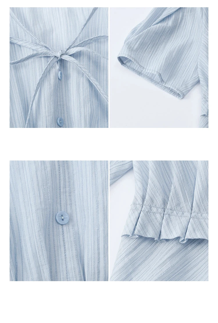 MISHOW Women's Fashion V-neck Blouse Summer 2025 New Splicing Button Commut Ladies Lace Up Casual Short Sleeve Top MXE34X1821