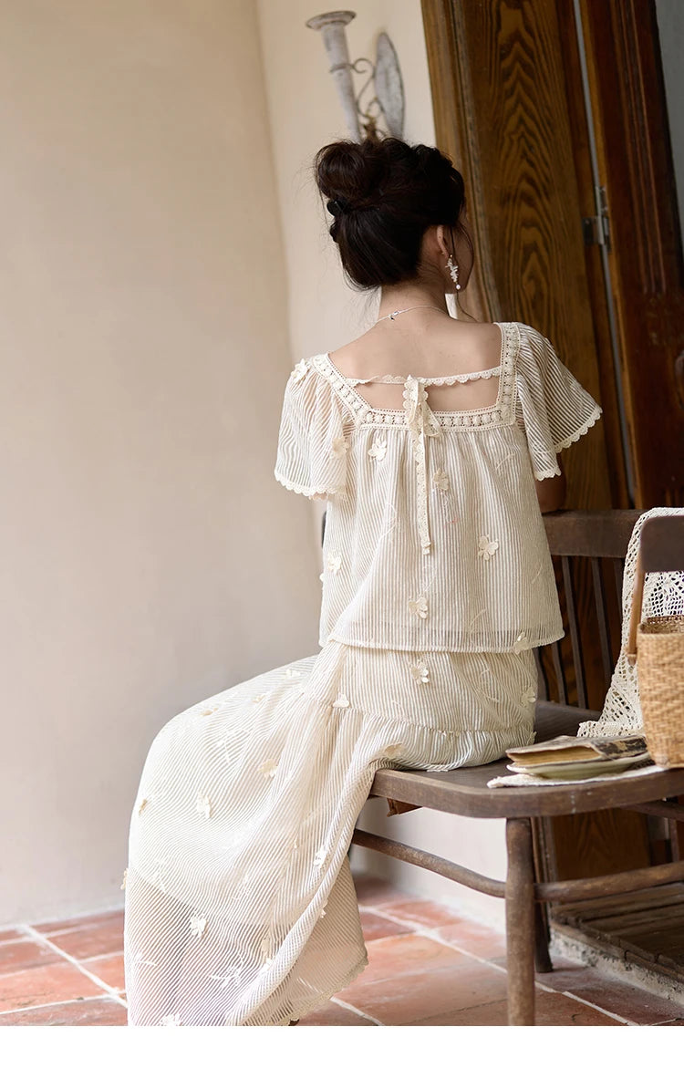 MISHOW Elegant Butterfly Flying Sleeve Blouses Elastic Waist Skirt Separately Summer Back Lace-up Top Midi Skirts MXD29X1559