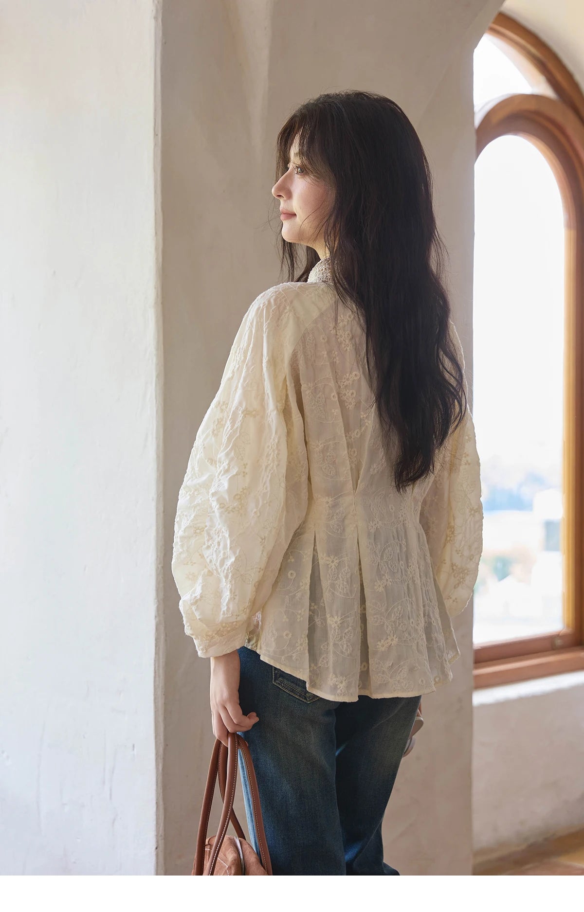 MISHOW Women's Lantern Sleeve Blouse 2025 Autumn French Lace Hollow Out Lapel Collar Shirts Waist Hem Ruffle Tops MXE42C2372