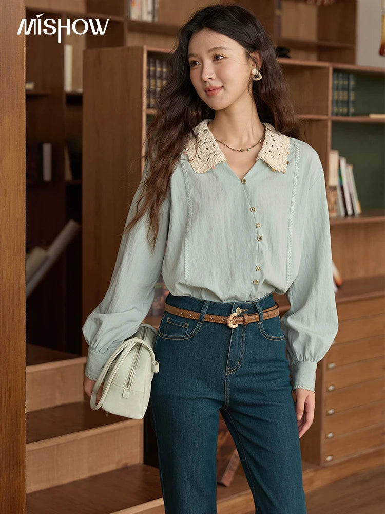 MISHOW Women's Linen Shirt 2025 Autumn Contrast Apricot Lapel Shirts Long Sleeve Curved Placket Tops Office Lady MXE43C2387