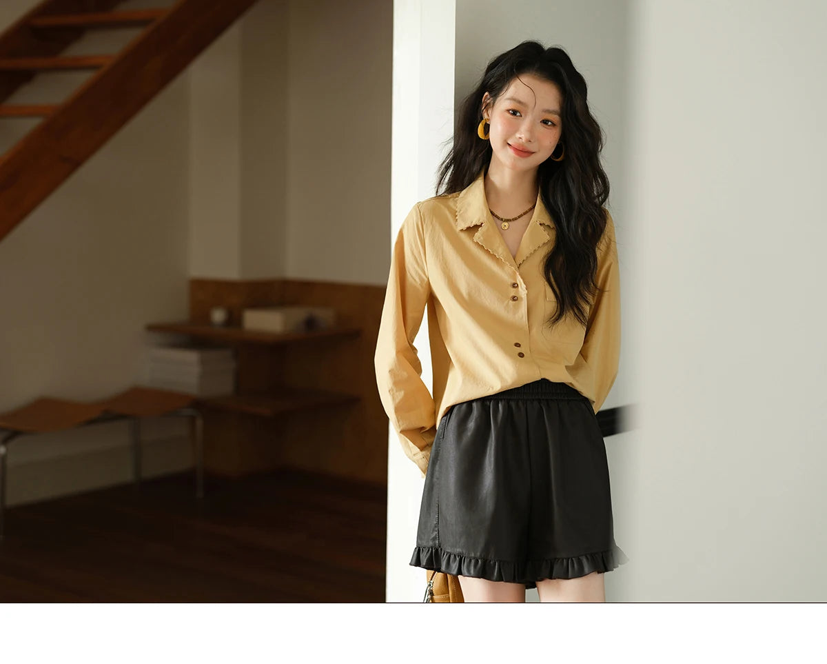 MISHOW Women's Retro Yellow Lapel Cotton Shirt 2025 Autumn Loose Casual Top Contrasting Button with Pocket Shirts MXE41C2356