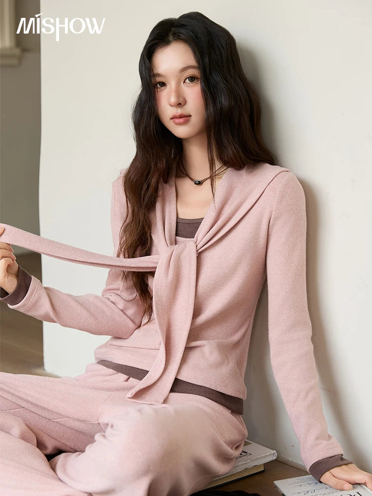 MISHOW Woman Slim Fit Long Sleeve Top 2025 Autumn Retro Solid O-neck Shawl Pullover Casual Knit Top Woman Clothes MXE89T1419