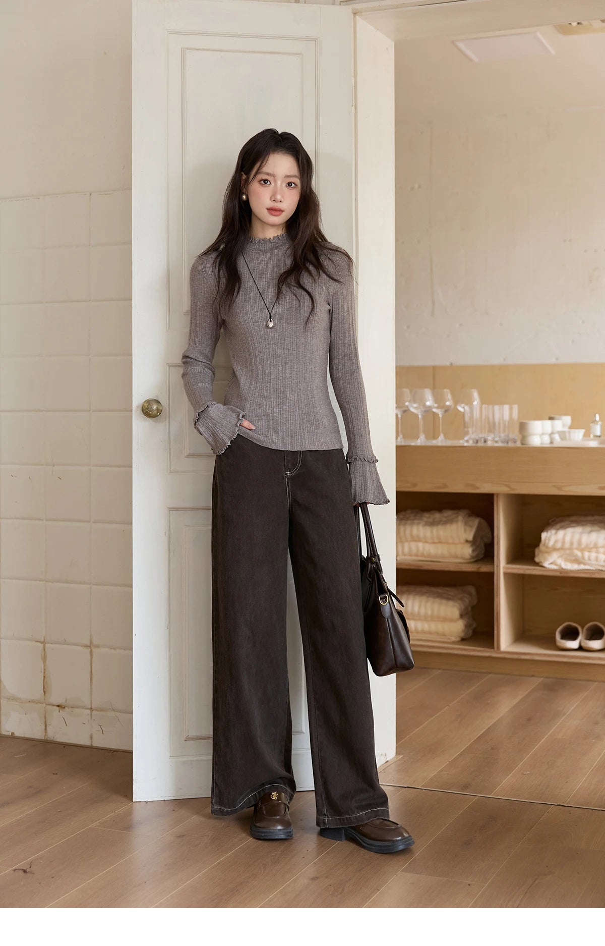 MISHOW Women's Long Sleeve Top 2025 Autumn New Casual Solid Turtleneck Slim Knit Wood Ear Edge Trumpet Sleeve Top MXE51Z2552