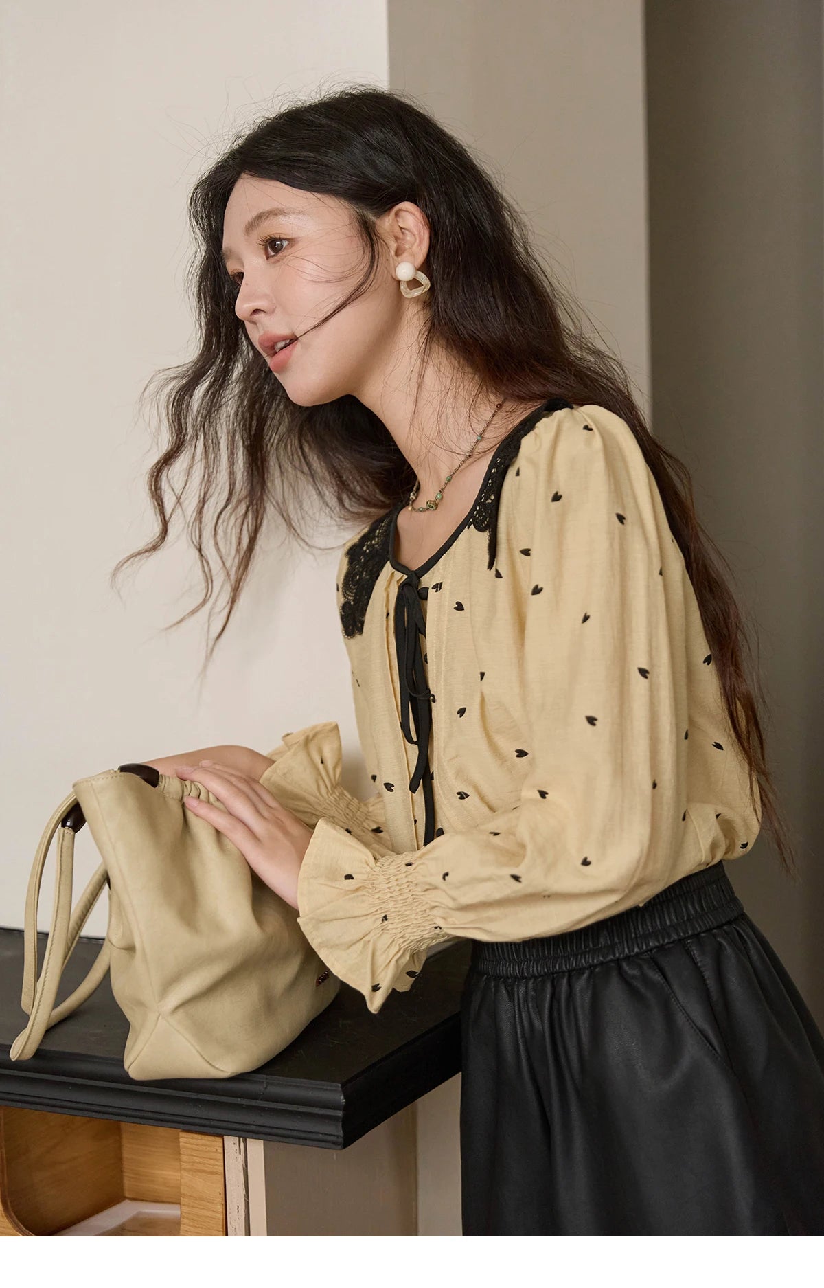 MISHOW Women's Yellow Heart Printed Shirt Autumn Lace Hollowed Out Collar Bubble Sleeve Top Lace-up Commuter Shirts MXE41X1949