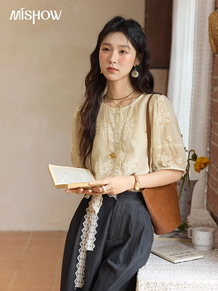 MISHOW French Retro Embroidered Floral Blouse for Women Summer 2025 Round Neck Single Breasted Top Puff Sleeve Blouse MXE36X1874