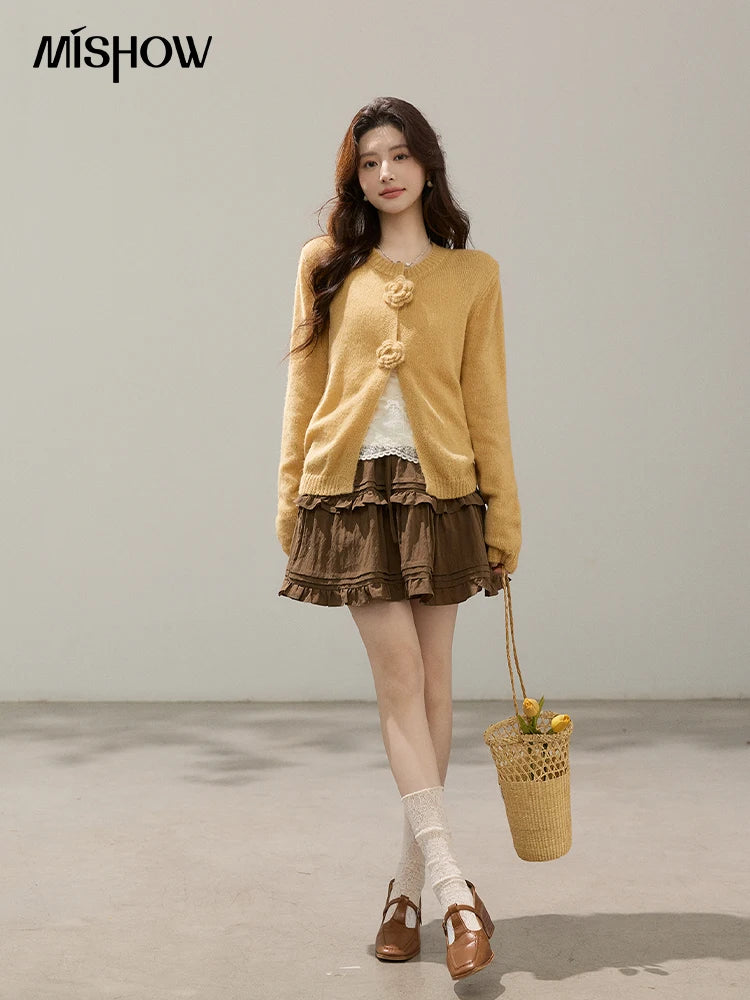 MISHOW Women's Flower Decor Mohair Fork Knit Cardigan 2026 Spring Crew Neck Long Sleeve Tops Casual Solid Sweater MXF15Z3051