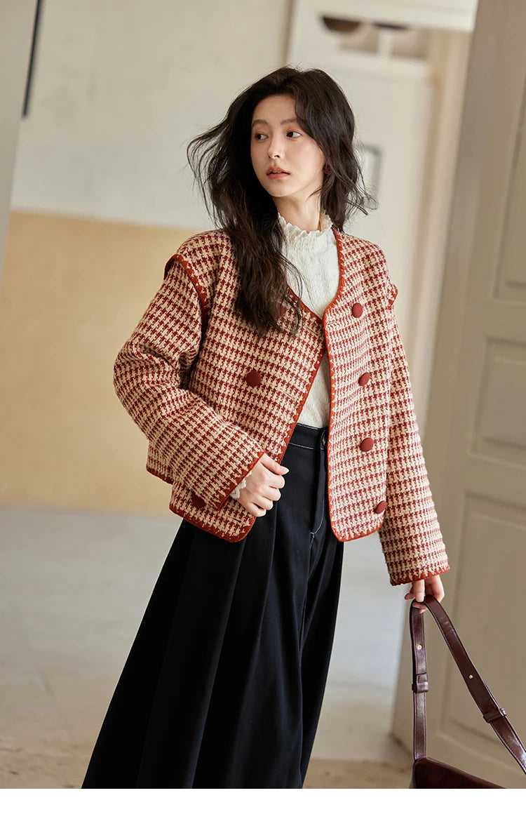 MISHOW Plaid Tweed Jacket Women Red Double Breasted Long Sleeve Tops 2024 Winter French Elegant Design Short Coat MXD56W0631