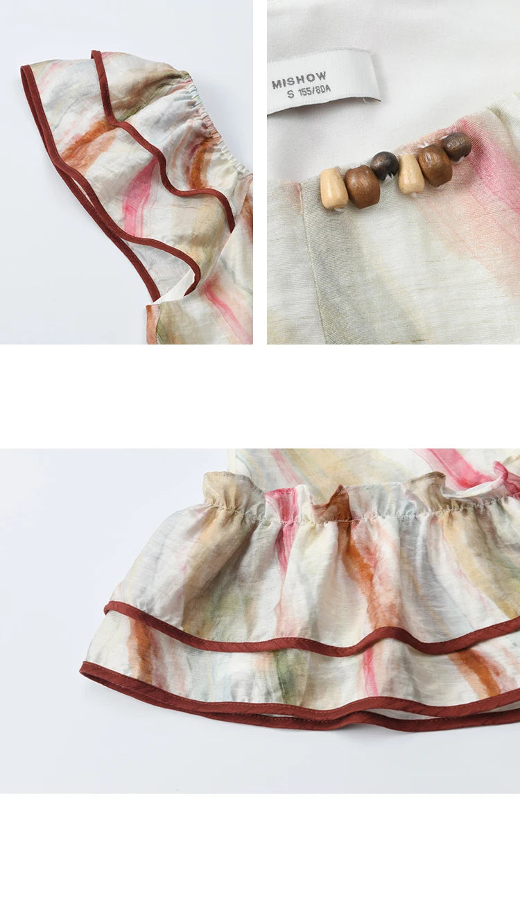 MISHOW Women's Retro Stripe Print Blouse 2025 Summer New Fashion O-Neck Butterfly Sleeve Ladies Casual Patchwork Top MXE38X1862