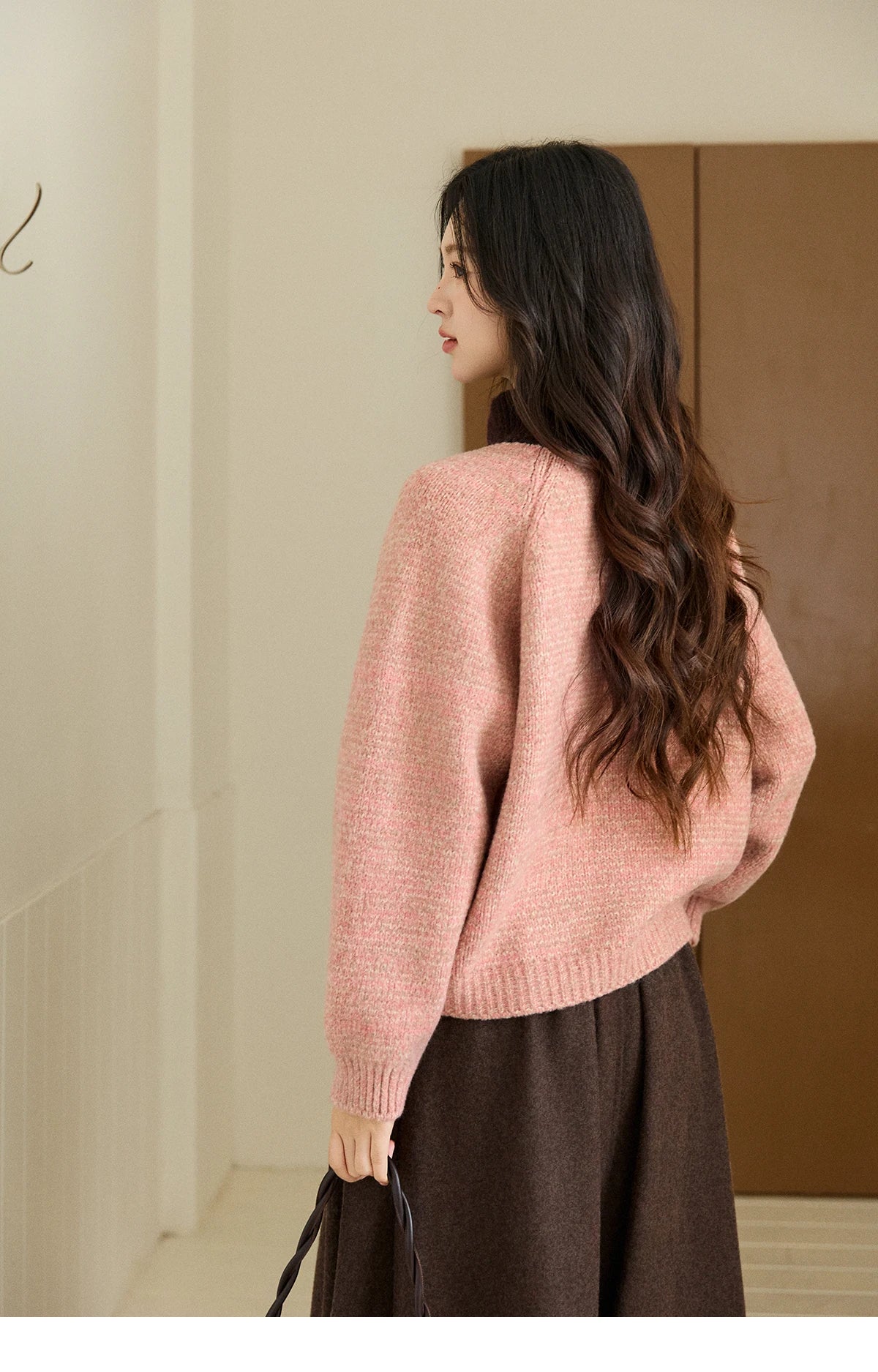 MISHOW Women's Pink Knitted Cardigan Autumn Winter Contrast Collar Bow Pocket  Top Single-breasted Loose Warm Sweater MXE94Z2957