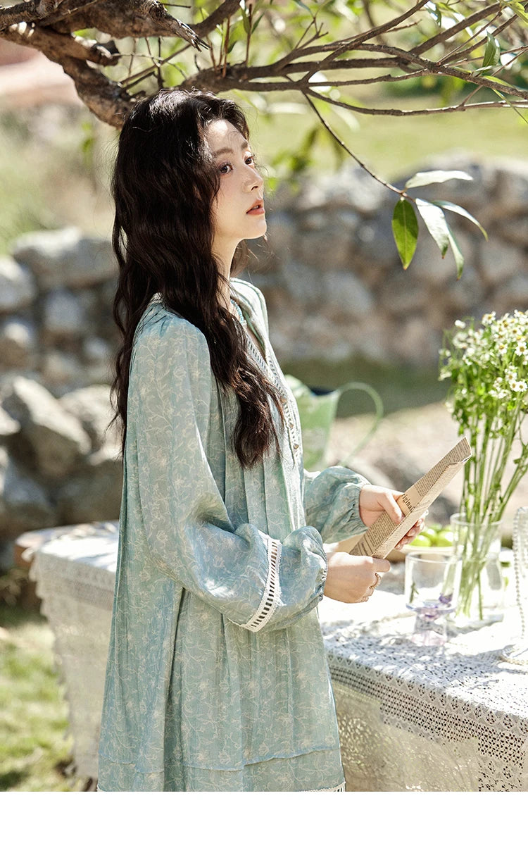 MISHOW Chiffon Printed Dress for Women Spring 2025 French V-neck Hollowed Out Lace Patchwork Medium Length Dresses MXE12L2096