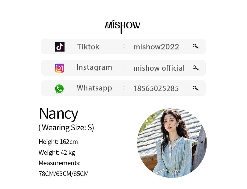 MISHOW Chiffon Printed Dress for Women Spring 2025 French V-neck Hollowed Out Lace Patchwork Medium Length Dresses MXE12L2096