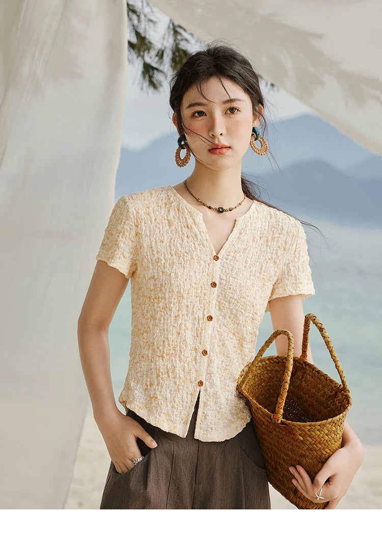 MISHOW Print Casual Summer T-shirts Women 2025 New Short Sleeve V-neck Thin Knitted Shirt Female Fashion Breathable MXE31Z1234