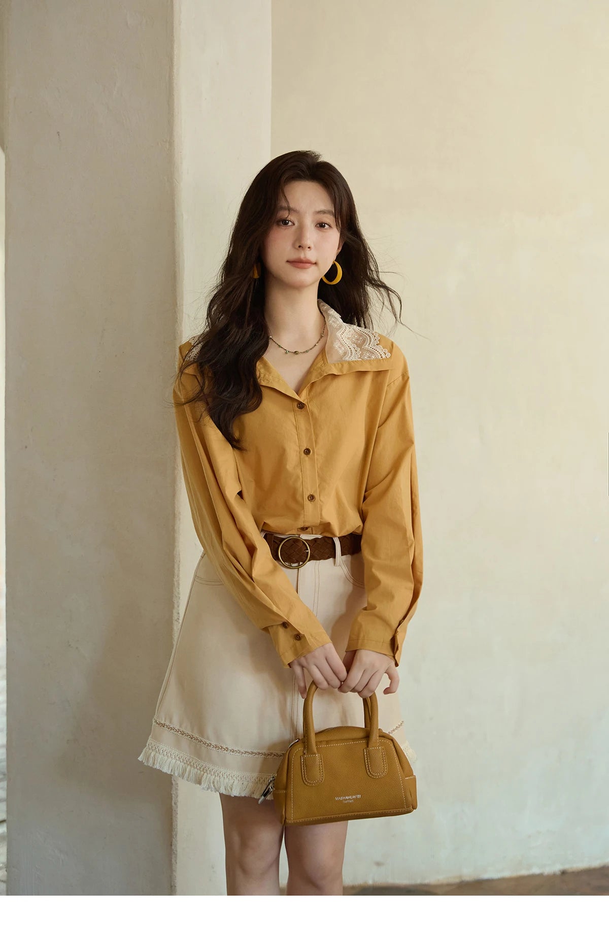 MISHOW Autumn Solid Cotton Shirt Autumn V-neck Double-layer Lace Retro Design Shirts Single Breasted Tops Office Lady MXE41C2366