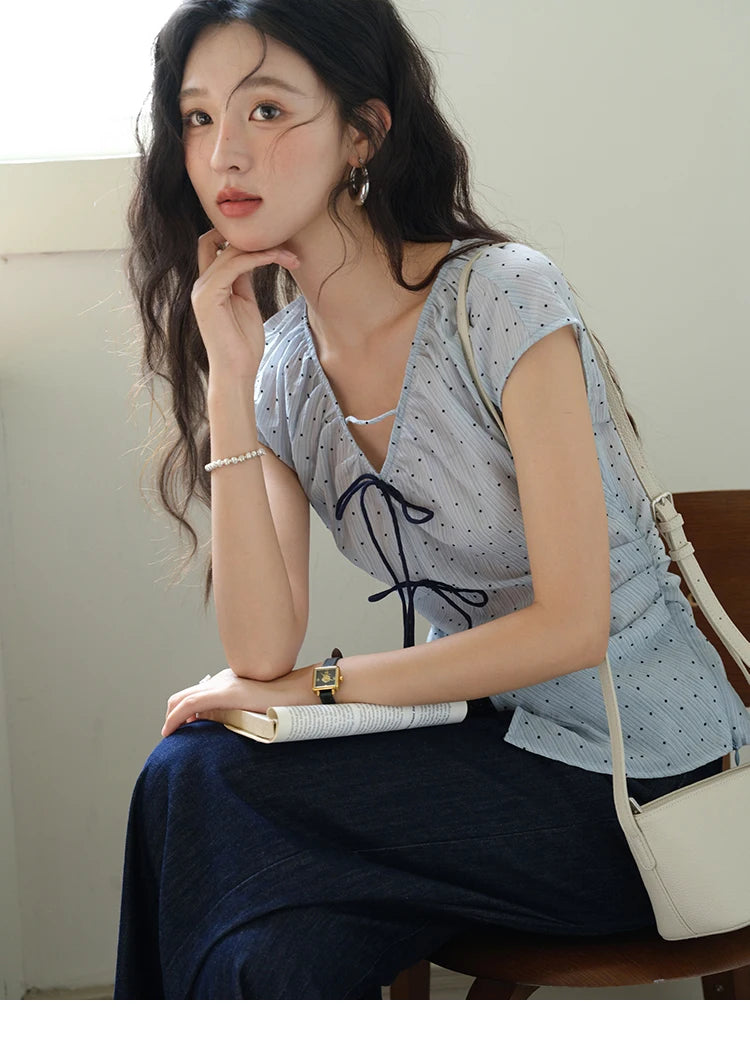 MISHOW Women's Elegant Blouses 2025 Summer Ladies V-Neck Bow Spliced Polka Dot Garment Sleeves Top Female Clothing MXE37X1909