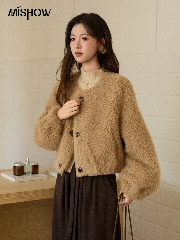 MISHOW Women's Lamb Wool Jacket 2025 Winter Retro Casual Coat Crew Neck Long Sleeve Soft Jacket Commuting Windproof MXE90W0995