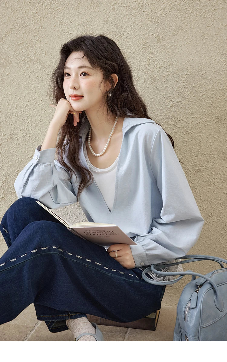 MISHOW French Spring Shirts Women 2025 Long Sleeve Turn-down Collar Fake Two-piece Blouses Female Splicing Lace Tops MXE16C0783