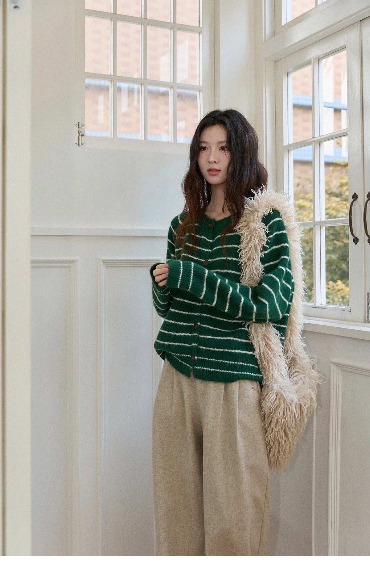 MISHOW Green Striped Cardigans for Woman 2025 Winter Knitted Cardigan Wool Blend Loose Retro Crew Neck Knit Sweater MXE86Z2735