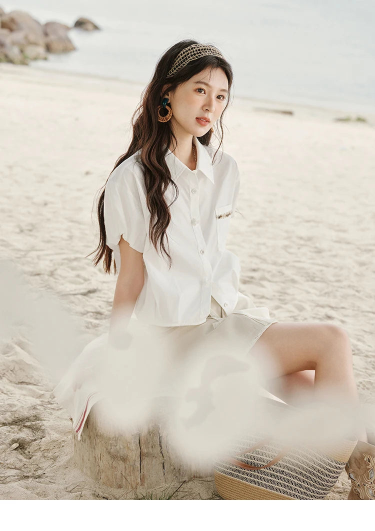 MISHOW Casual Summer Blouses Women 2025 New Short Puff Sleeve Turn Down Collar Shirt Female Fashion Shell Ribbon Tops MXE33C0773