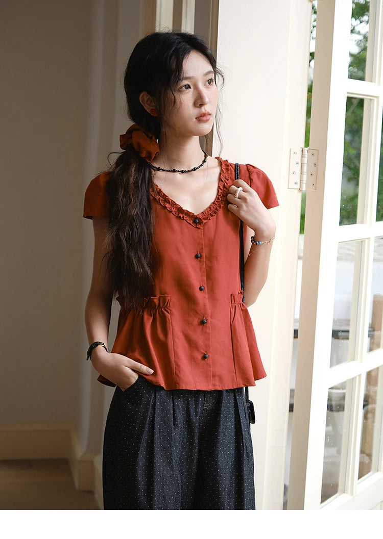 MISHOW Women's Summer Clothes 2025 Fashion Mushroom Edge V-neck Blouse Office Lady Casual Short Sleeve Button Top MXE38X1867