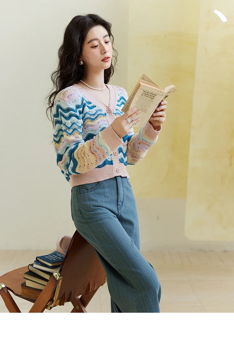 MISHOW Color Stripe Knitted Cardigan Women 2025 Spring V-neck Long Sleeve Loose Cardigans Woman Fashion Office Lady MXE16Z1203