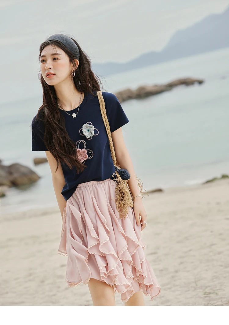 MISHOW Casual Summer Print T-shirts Women New 2025 Short Sleeve Round Neck Flower Beaded Shirts Female Fashion Tops MXE33T0499