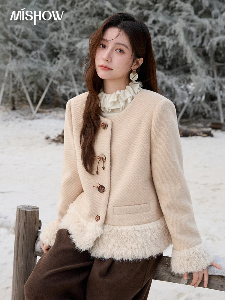 MISHOW Retro Apricot Wool Thickened Short Coat 2025 Winter Plush Splicing Coat Placket Vintage Handmade Buttons Coat MXE92W0998