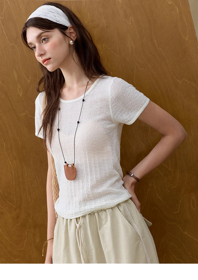 MISHOW Office Lady Women’s T-shirts Summer 2025 Short Sleeve Round Neck Solid Slimming Knitted Shirt Female Fashion MXE34Z1257