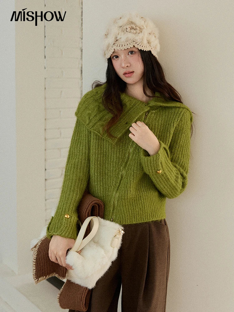 MISHOW Woman Green Sweater 2025 Winter Wool Blend Long-pile Large Lapel Knit Top Loose Design Commute Pullovers MXE90Z2760
