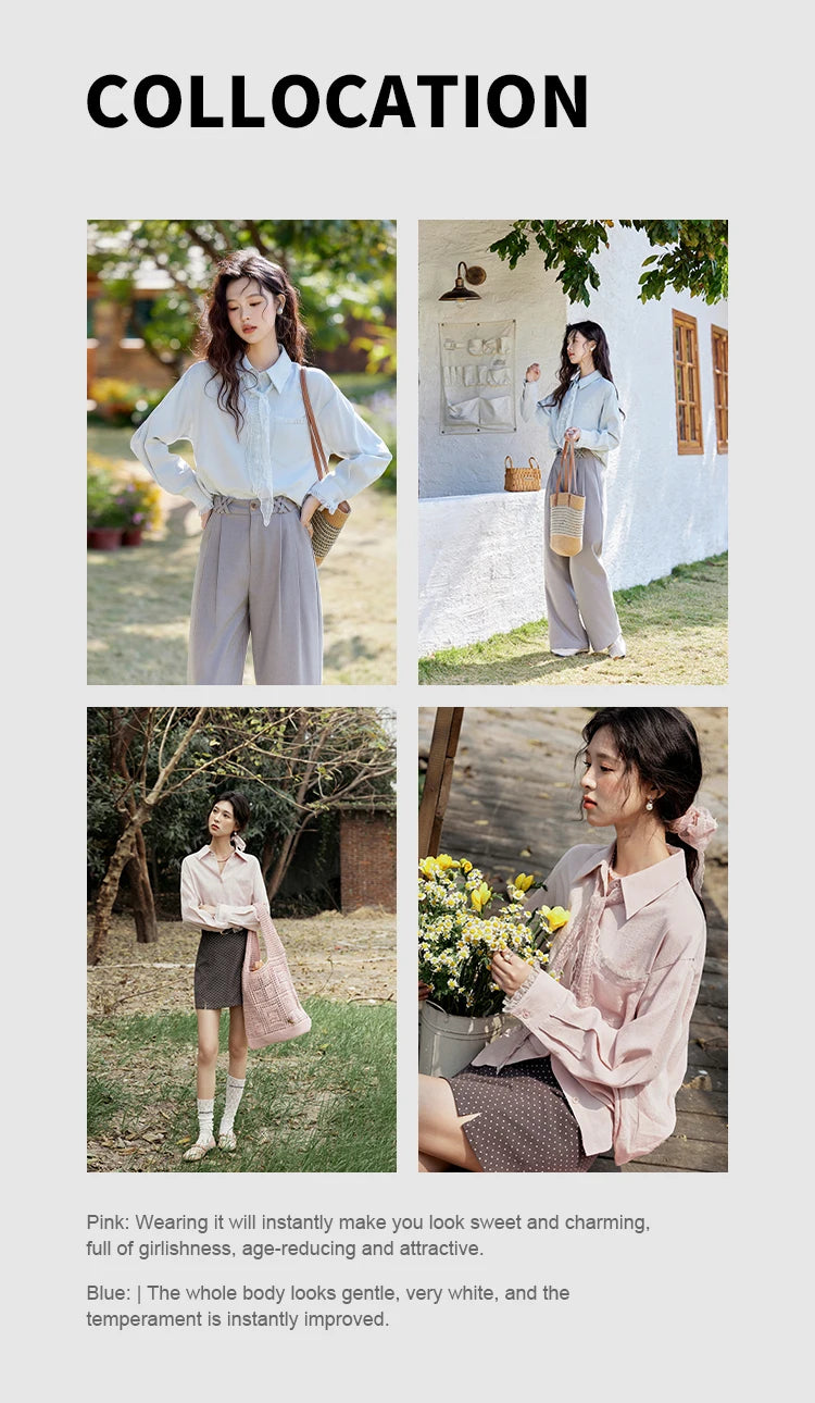 MISHOW French Spring Blouses Women 2025 New Long Sleeve Turn-down Collar Loose Shirts Female Fashion Lace Casual Tops MXE16C0760