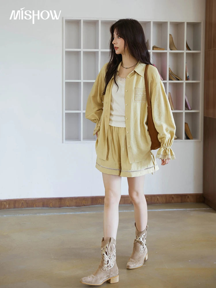 MISHOW Yellow Linen Three Piece Solid Splicing Lace Shirt Camisole Elastic Waist Shorts Vintage Hollowed Out Lace Set MXE42T0718