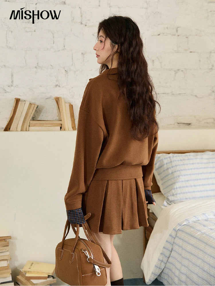 MISHOW Woman Skirt Suit 2025 Winter College Style Fake 2-piece Spliced Sweatshirt Pleated Skirt Casual Woman Sets MXE86T1447