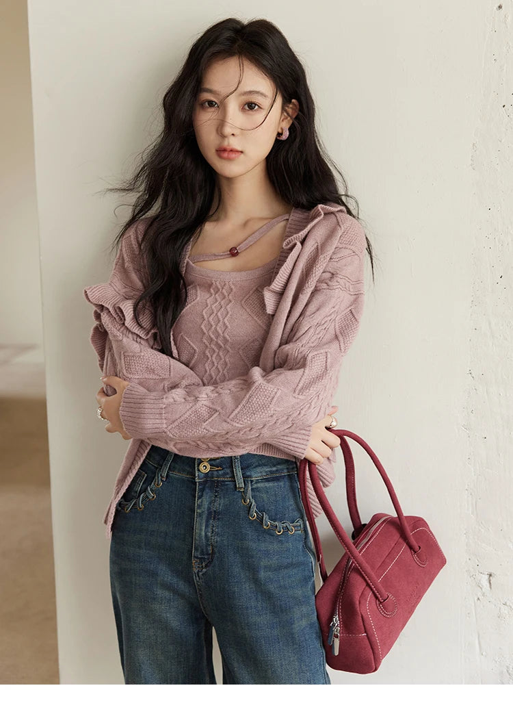 MISHOW Pink Knitwear Camisole Cardigan Separately 2024 Fall Fashion Sweet Knitted Vest Asymmetric Flounce Sweaters MXD45Z0781